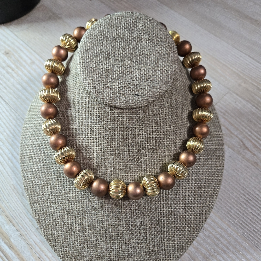 Vintage Ribbed Gold & Bronze Beaded Statement Necklace